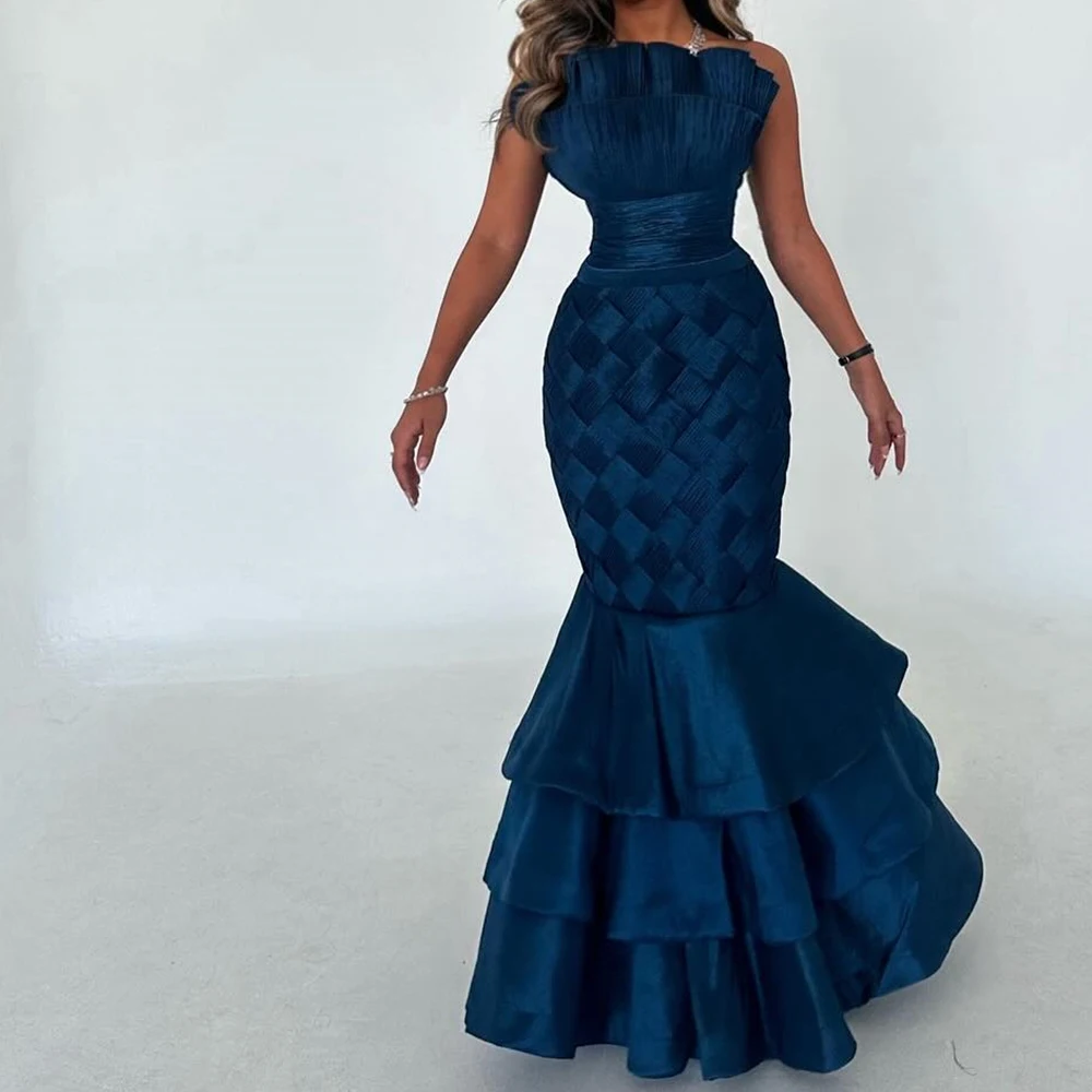 

Scalloped Mermaid Pleats Sleeveless Floor Length Sweep Train Solid Color Tiered Classic Celebrity Dress Bespoke Occasion Gowns