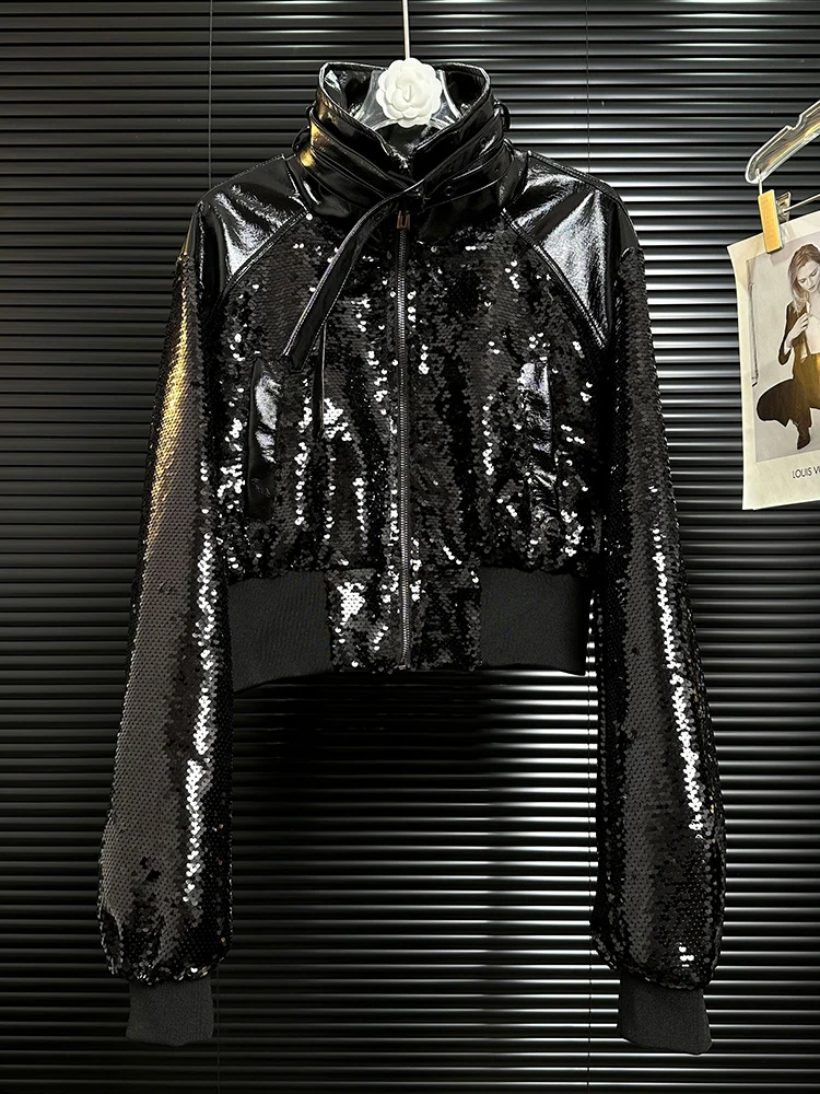 Heavy industry blingbling sequin lace up spliced leather short jacket women's spring and autumn temperament fashion jacket
