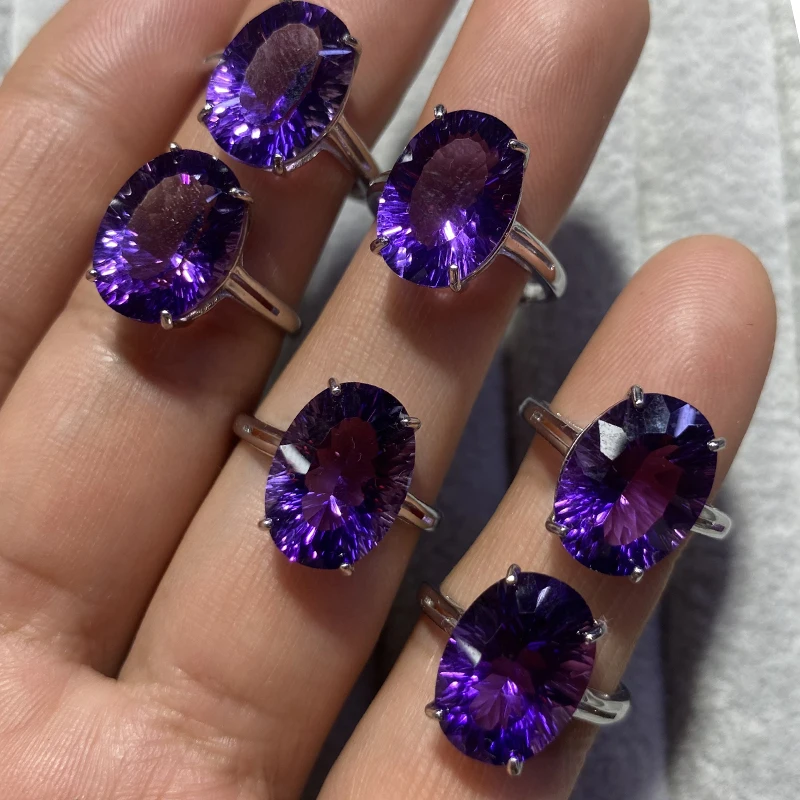 Unit One Piece Natural Brazil Amethyst Faceted Gemstone Crystal 925 Sterling Silver Adjustable Finger-ring For Gift