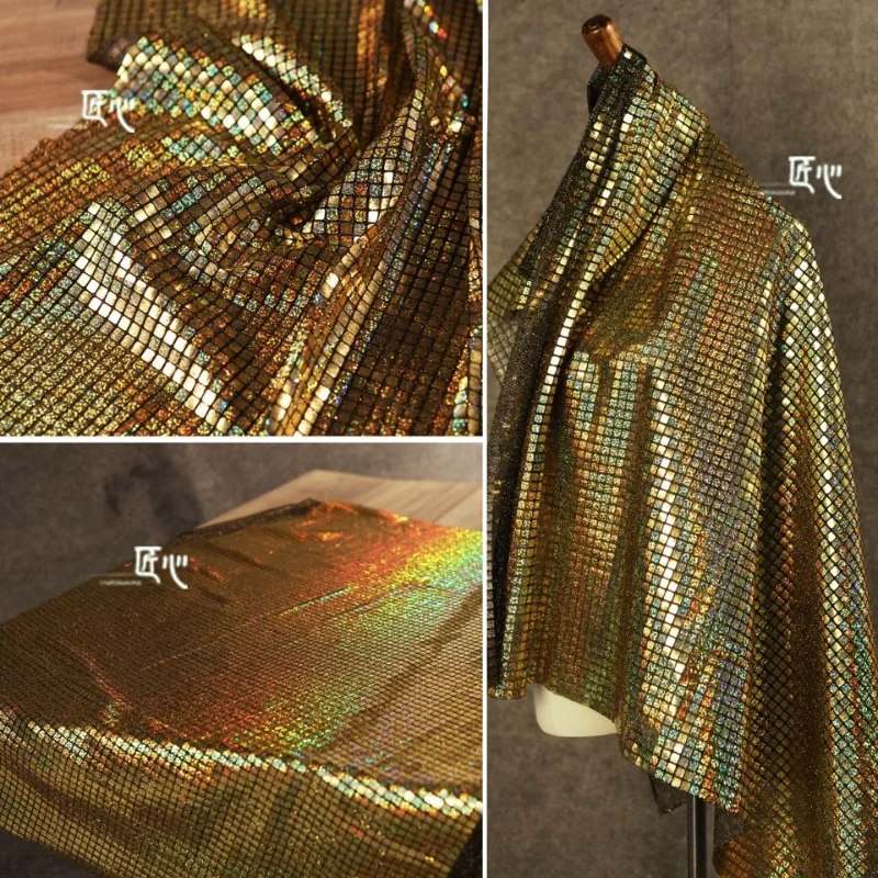 50*100cm Symphony Metallic Dark Gold Plaid Fabrics Mirror Reflective Cloth Mesh Sequin Garment Fabric By The Meter