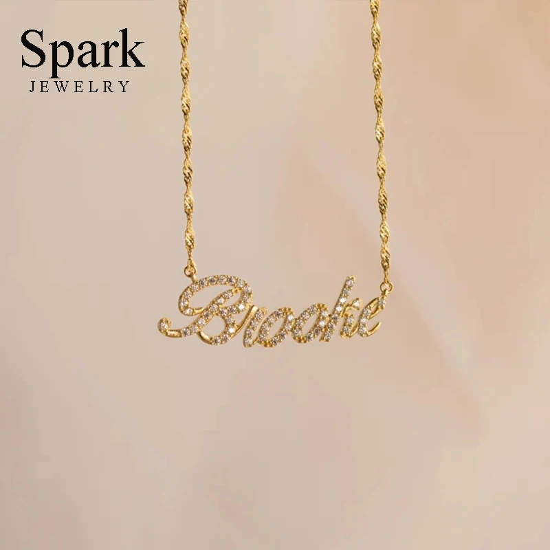 

Spark Custom Name Full Zircon Personalized Necklace Stainless Steel Gold Color Water Wave Chain For Women Charming Jewelry Gift