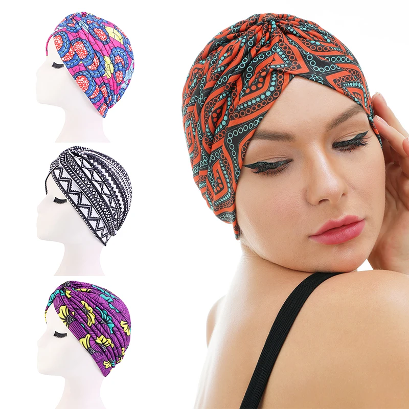 New Women Printed knot turban Indian Muslim Headwraps Chemo Cap Hijab Beanie Bonnet Head Wrap Bandanas Hair Loss Headscarf