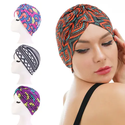 새로운 여성 인쇄 매듭 터번 인도 이슬람 Headwraps Chemo 모자 Hijab 비니 보닛 헤드 랩 Bandanas 탈모 Headscarf