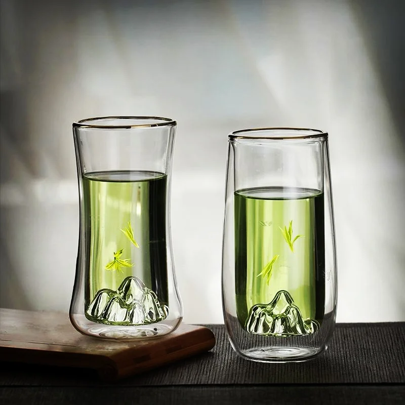 Japanese Transparent Double Wall Glass Mountain View Tea Mug High Borosilicate Kungfu Green Tea Cup Milk Beer Cocktail Wine Mug