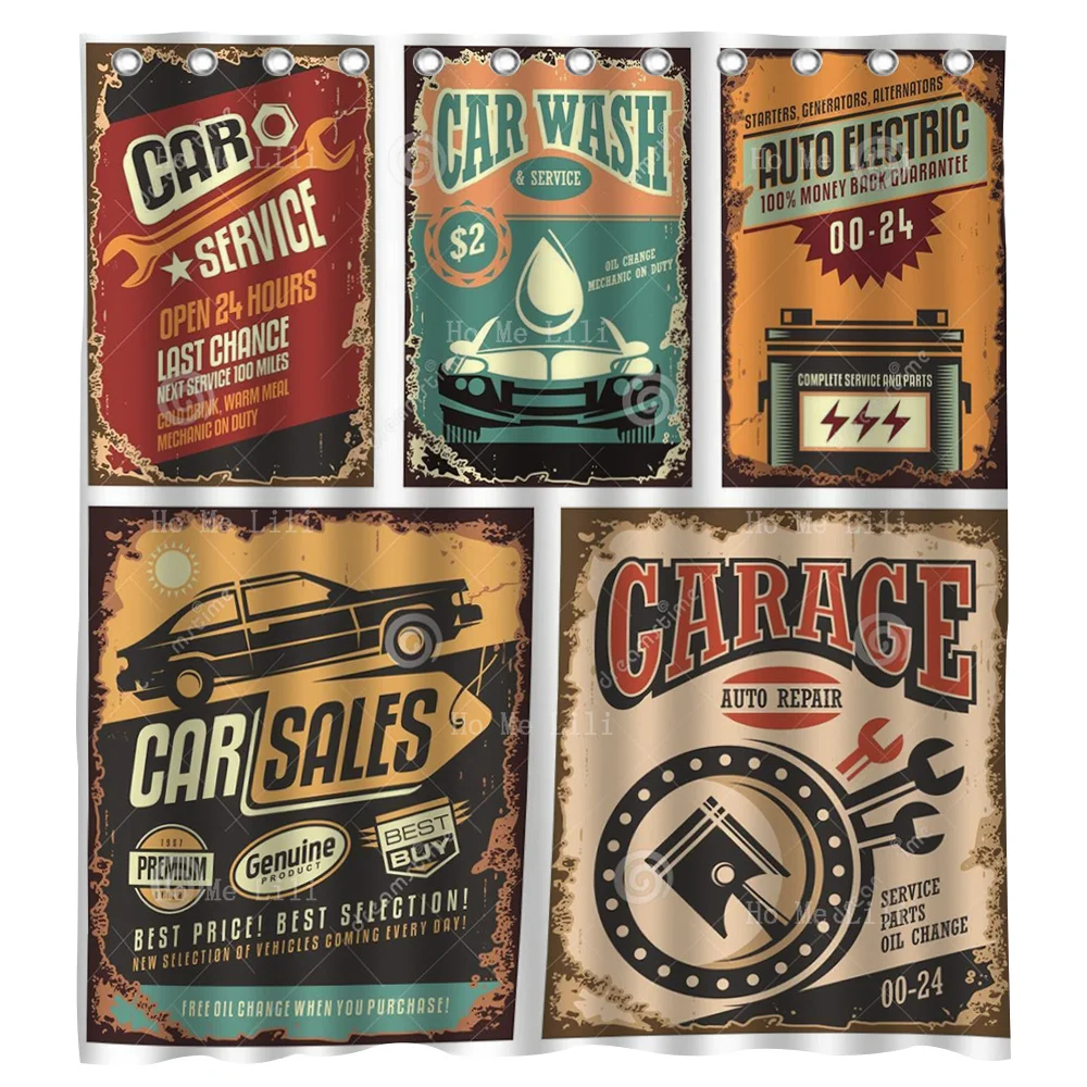 

Retro Art Car Service Garage Funk Style Highway Signs Repair Road Trash Shower Curtain By Ho Me Lili For Bath Decor