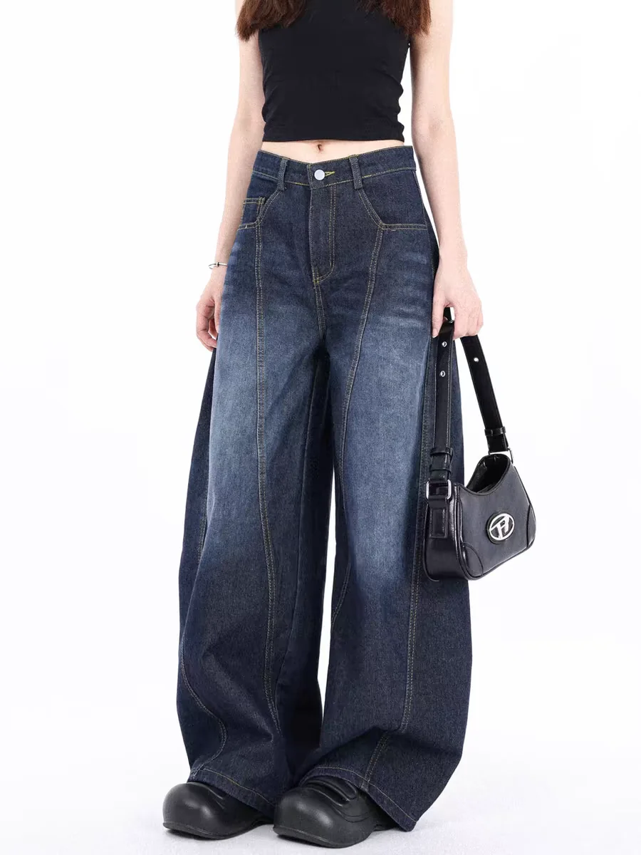 Damen Tiefblaue Baggy-Jeans, bestickt, Y2K, japanischer Harajuku, High Street, hohe Taille, lockeres, weites Bein, Retro-Jeans, Kleidung 2025,