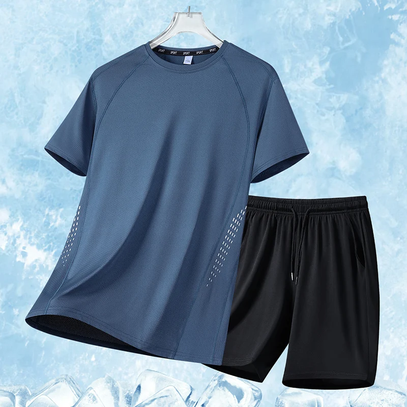 

Summer Outdoor Men's Loose Fit Sports Set New Ice Silk Breathable Youth Versatile Short-Sleeved Sweatpant Quick Drying 2 Piece