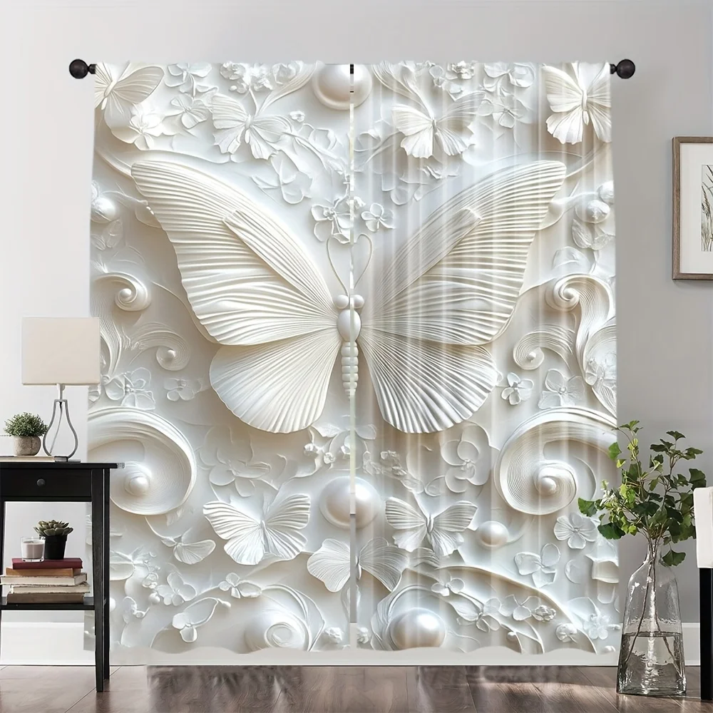 2pcs White Butterfly Print Curtains, 100% Polyester Thermal Insulation Noise Reduction with Rod Pocket for Home Office Decor