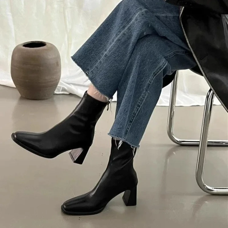 Women's Fashion Boots High Heel Chunky Block Heel Zipper Chelsea Short Boots Winter Ankle Booties Korean Style Square Toe