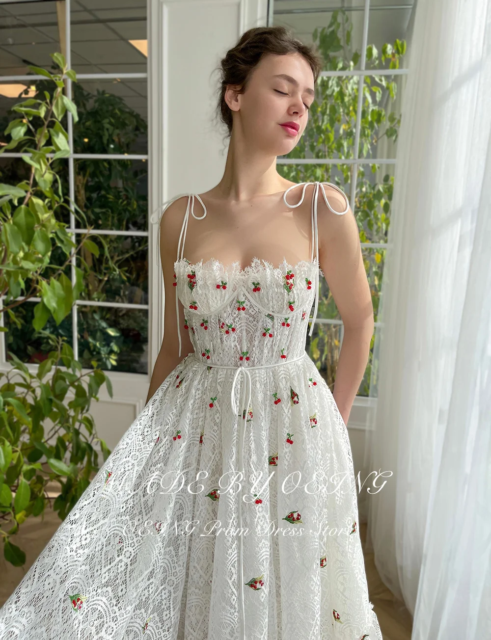 OEING Gentle Lace A-line Wedding Dress Sweet Tea Length Prom Dress 2024 Spaghetti Straps Cherry Party Dress Lace Up Back Pastrol