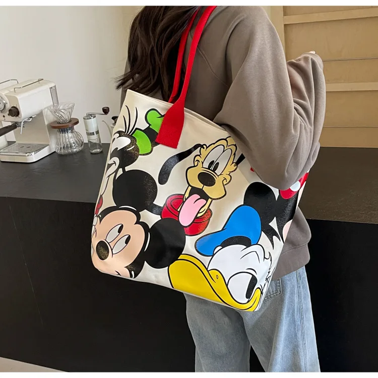 Bolso de lona versátil de gran capacidad con dibujos de Mickey de Disney para mujer, bolso de mano informal y versátil, bolso de clase para estudiante