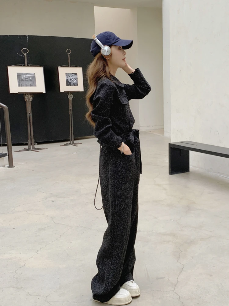 Kombinezon damski z szerokimi nogawkami i wysokim stanem, styl casual, koreański styl, wiosna 2025, efekt odmładzający, styl uliczny, jednoczęściowy.