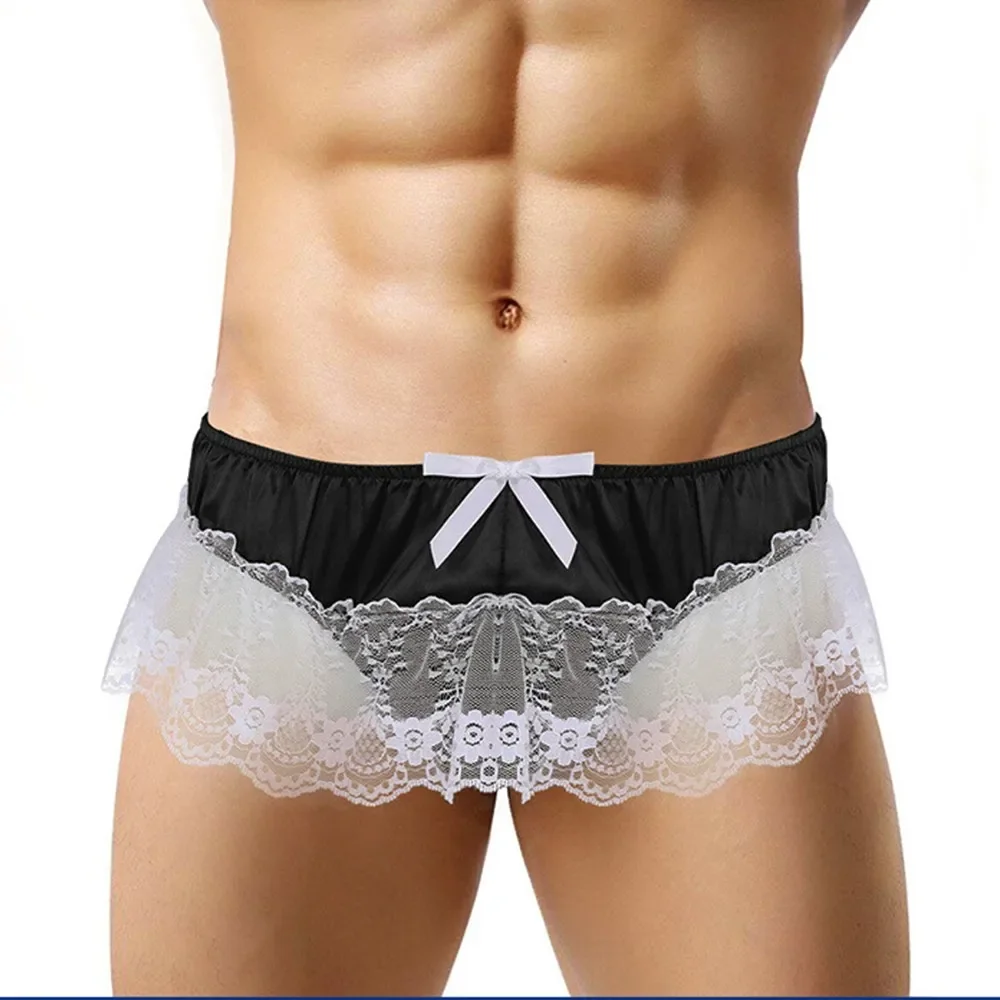 Mens Sissy Panties Shiny Soft Satin Lingerie Double Layers Floral Lace Back Bowknot Low Rise Bikini Thong Underwear Male Briefs