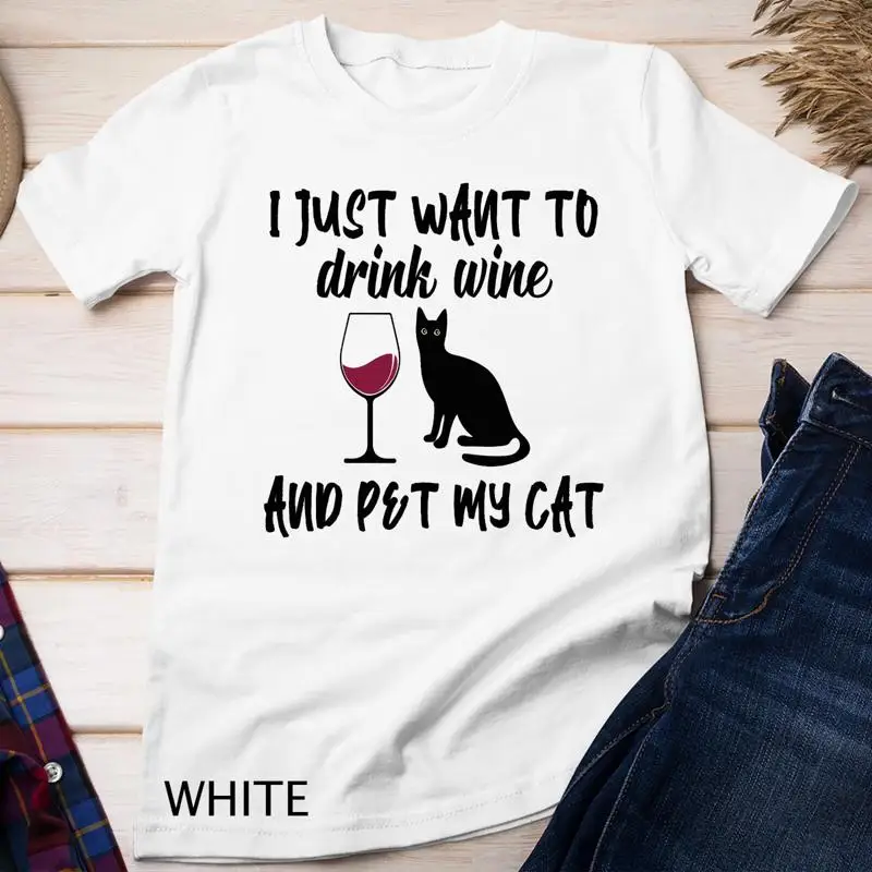 

Футболка унисекс «Я просто хочу пить вино и домашнее животное» «Моя кошка» для любителей забавных кошек