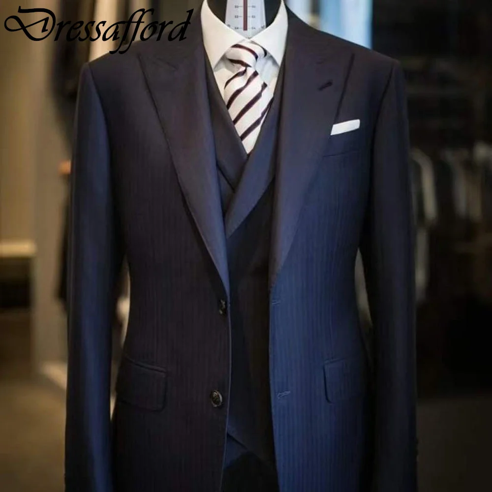 Official Stripe Spring Autumn Evening Party Men Suits Three Pieces Blazer Groom Wear ( Jacket + Vest + Pants )