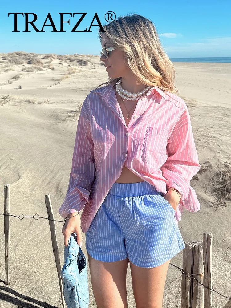 TRAFZA Female Shorts Set Pink Long Sleeves Single-Breasted Shirts+Elastic Waist Shorts  Summer Suits Woman 2024 Trendy TRAF