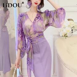 Summer New Elegant Fashion V-neck Sweet Floral Printed Lace Up Long Sleeve Shirt Temperament Slim Bodycon Skirt Purple Set Women