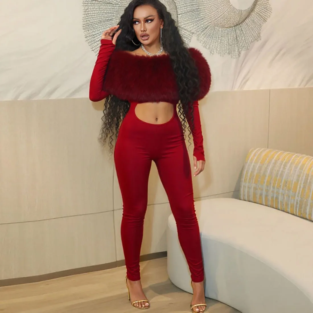 New Furry Slash Neck Jumpsuits Woman Luxury Hipster Patchwork Trend Sexy Hollow Stretch Fitness Club Activity Overalls