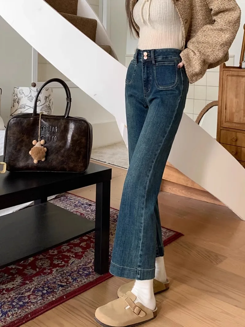 Retro High Waist Slim Fit Jeans Women's Autumn Winter Fashionable Versatile Casual Long Pants Straight Leg Denim