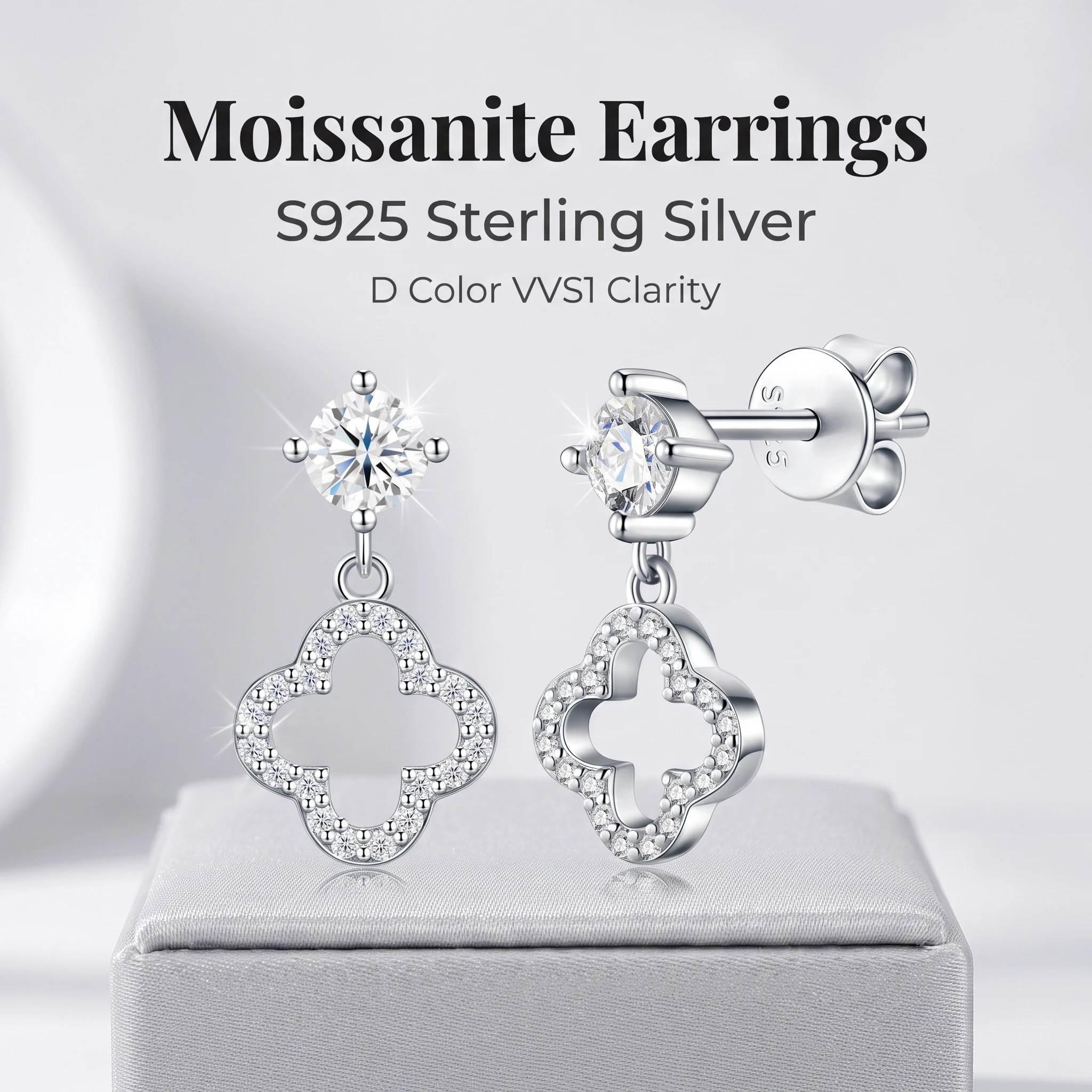 925 Sterling Silver Moissanite Drop Earrings Classic Four Leaf Clover Dangle Earrings Wedding Party Fine Jewelry Gift for Women