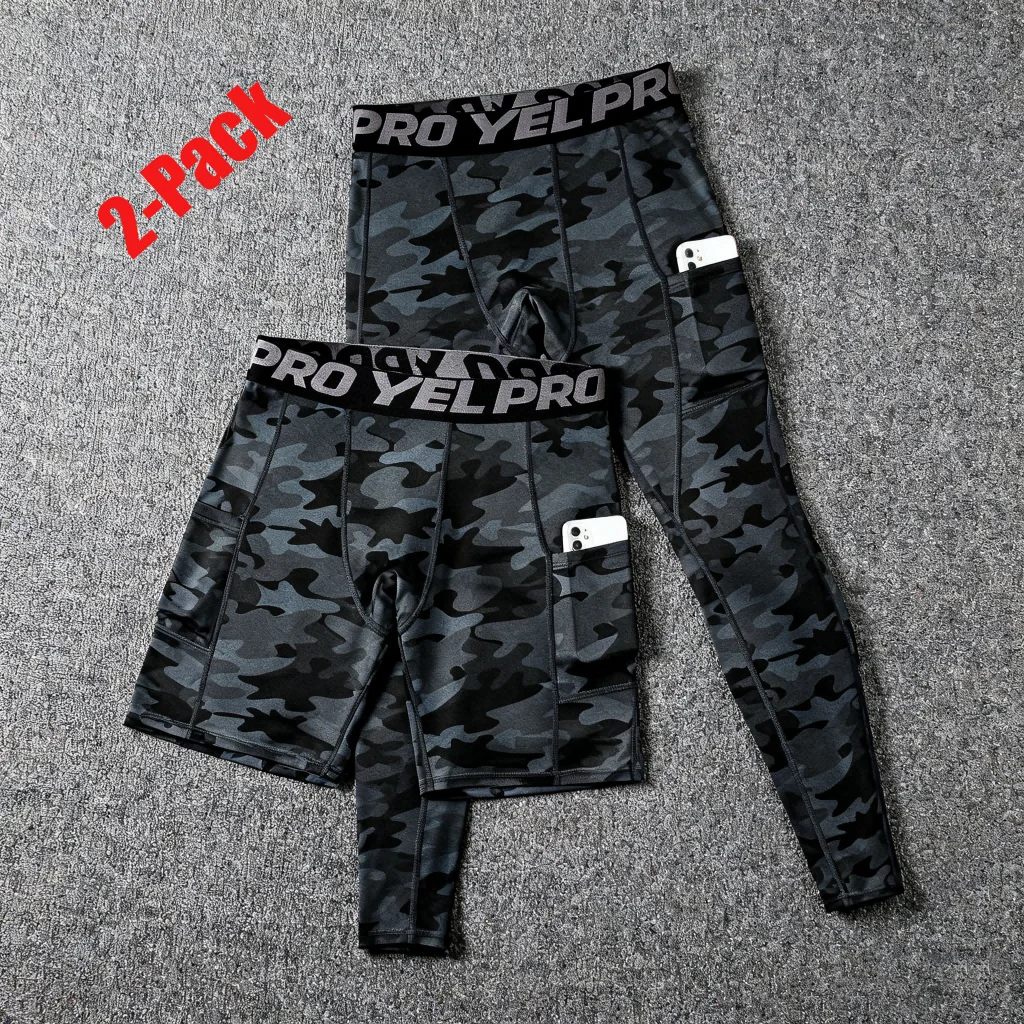 

Men's 2-Pack Compression Set with Phone Pocket Camo High-Elastic Leggings for Gym Running & Workout