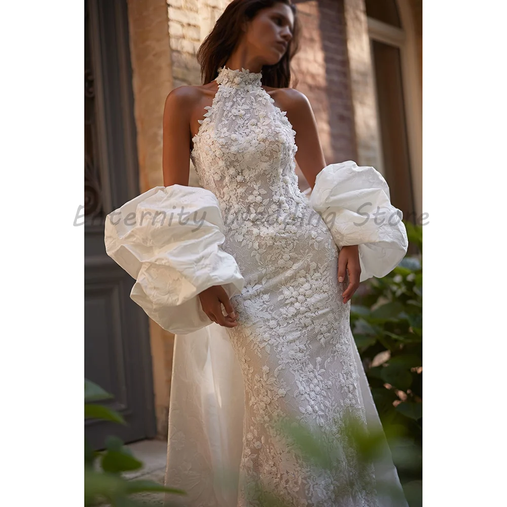 High Neck Floral Lace Mermaid Wedding Dress Detachable Oversized Puff Bubble Sleeves Chapel Train Boho Bridal Gown