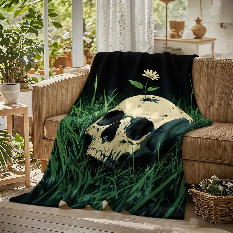 Skull Daisy Grass Dark Flannel Blanket Perfect for Sofa Office Bed Travel Sleep Read Relax Camping Four Season Use
