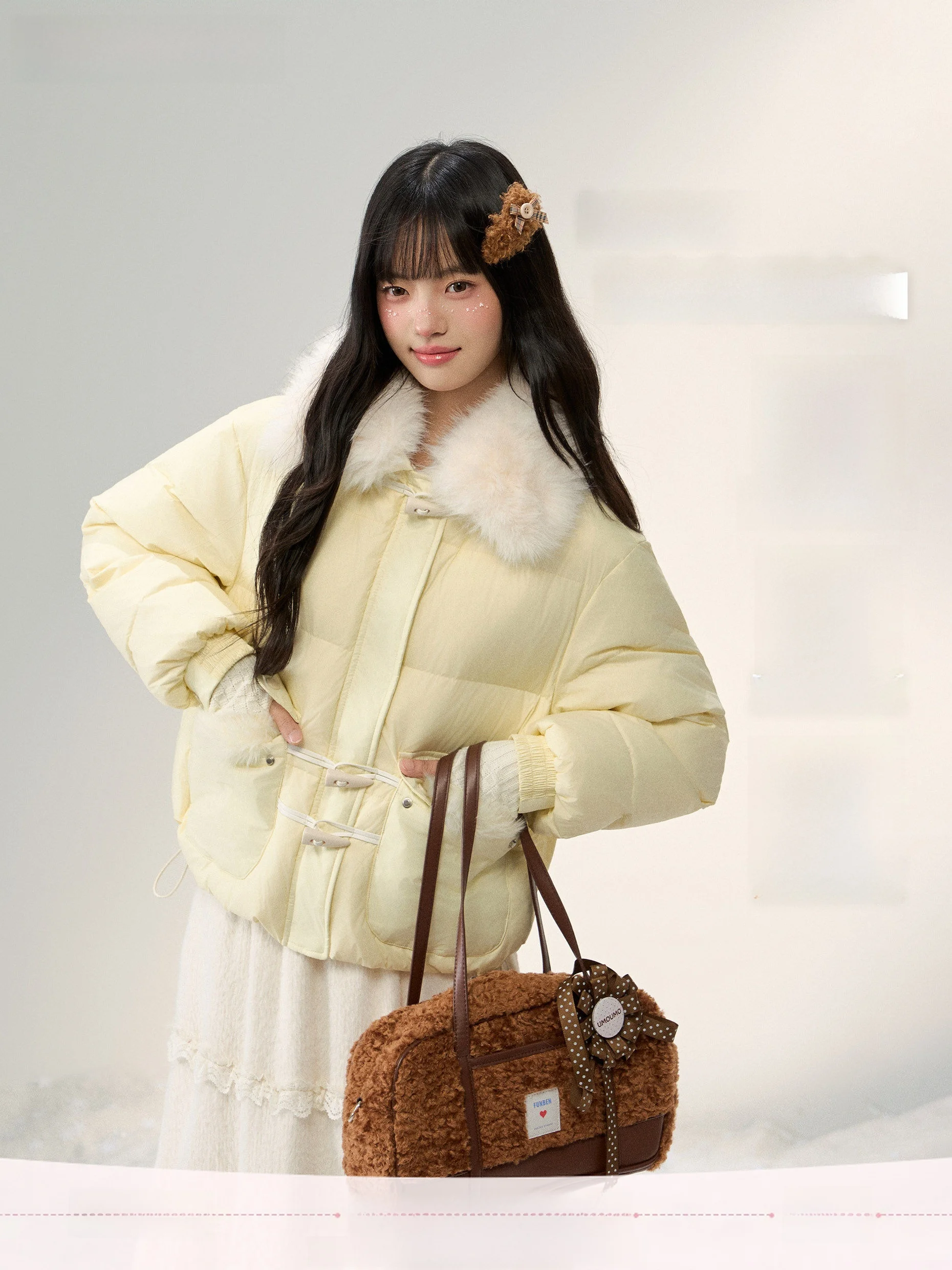 

Umoumo Sweet Sle 90% White Du down Puffer Jaet Detachable Fur Collar Button-Up Thiened Winter Coat for Young Women
