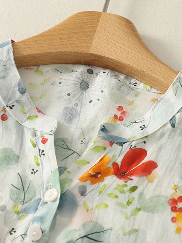 الرجعية الأزهار طباعة الكتان ort Sve irt المرأة الصيف رقيقة فضفاضة التخسيس عادية V-Ne القطن الكتان الأعلى مريحة تناسب #3