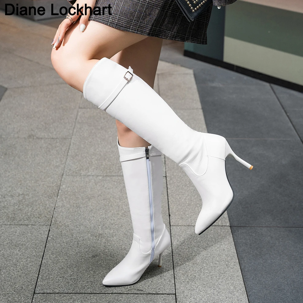 2024 Sexy Pointed Toe Pole Dance Stiletto Heels Knee High Boots Fashion Zip Black White Women Long Shoes Botas Altas Mujer