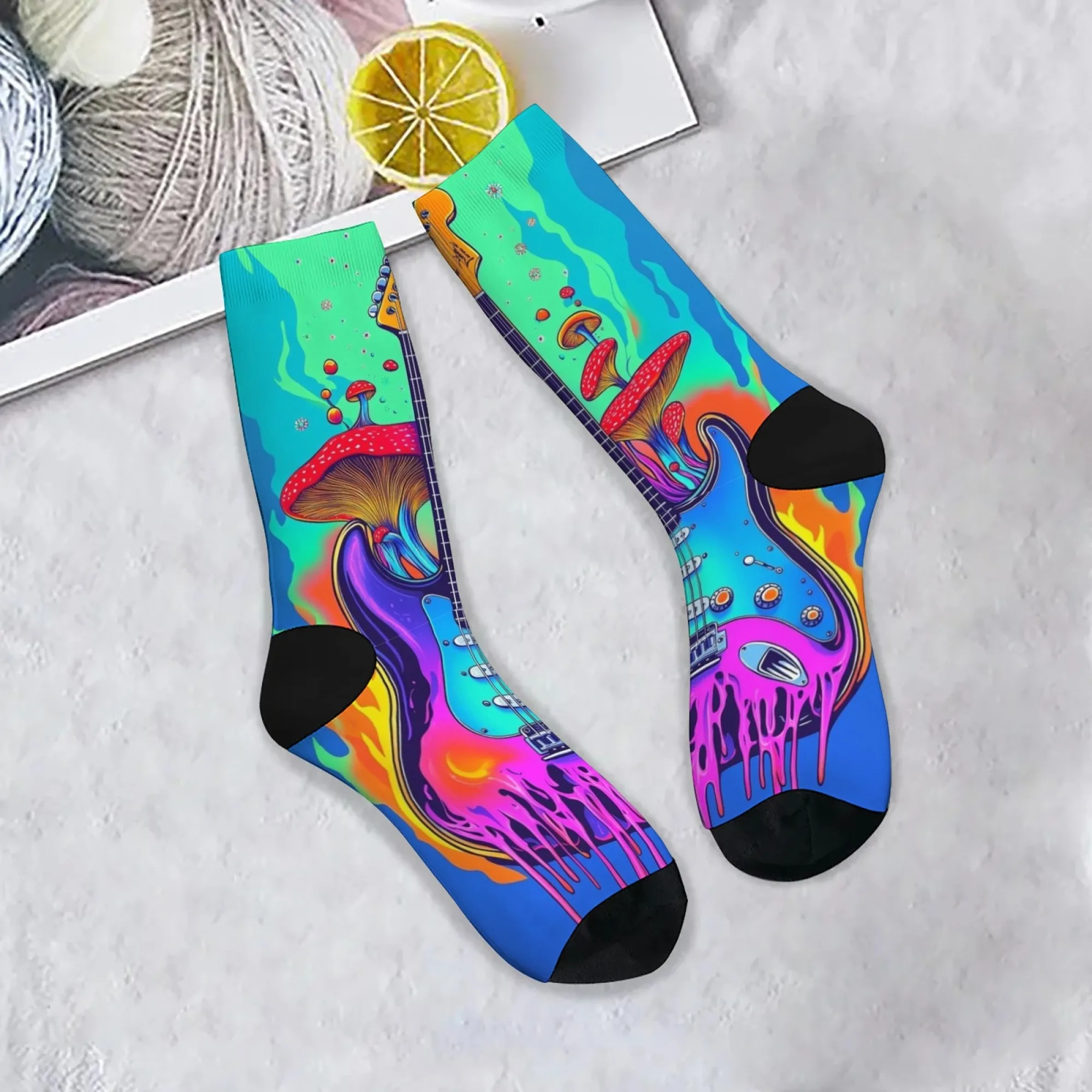 Psicodélico rock guitarra pop música meias masculinas novidade feliz engraçado tripulação meias louco hip hop tendência meias harajuku estilo retro