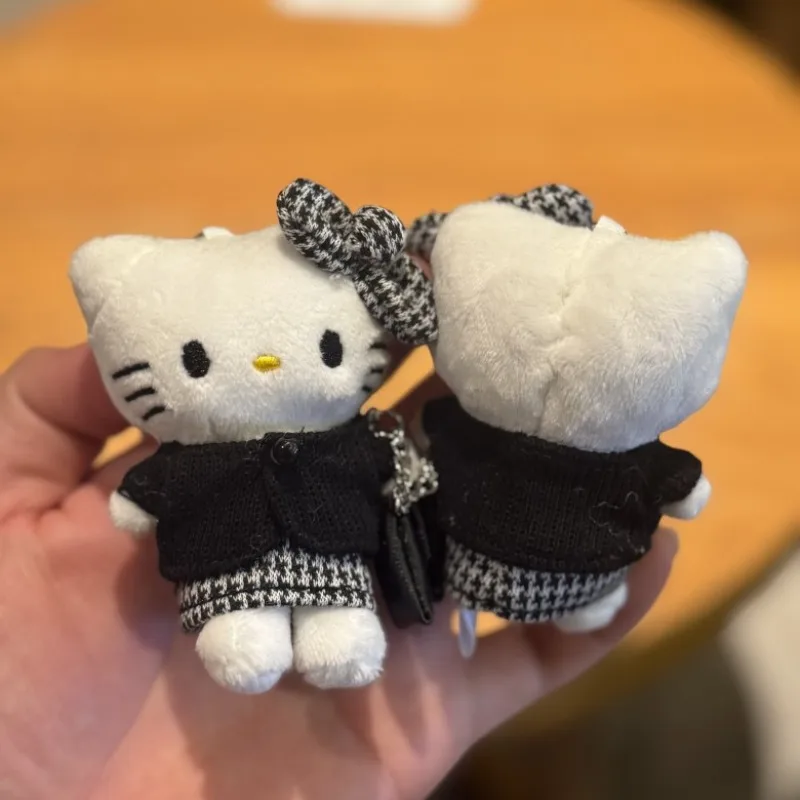 Novo me 6th colaboração 8cm preto kt brinquedo de pelúcia chaveiro senhora houndstooth rosa hoodie pele preta gatinho gato saco charme pingente