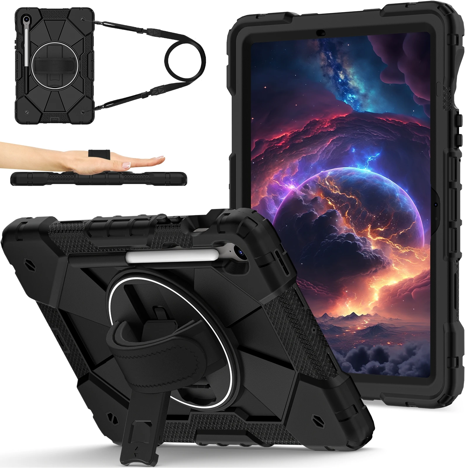 For Samsung Galaxy Tab S10 Lite / S10 FE / S9 FE / S9 Case Silicone + PC Kickstand Tablet Cover with Handy Strap - Black / Black