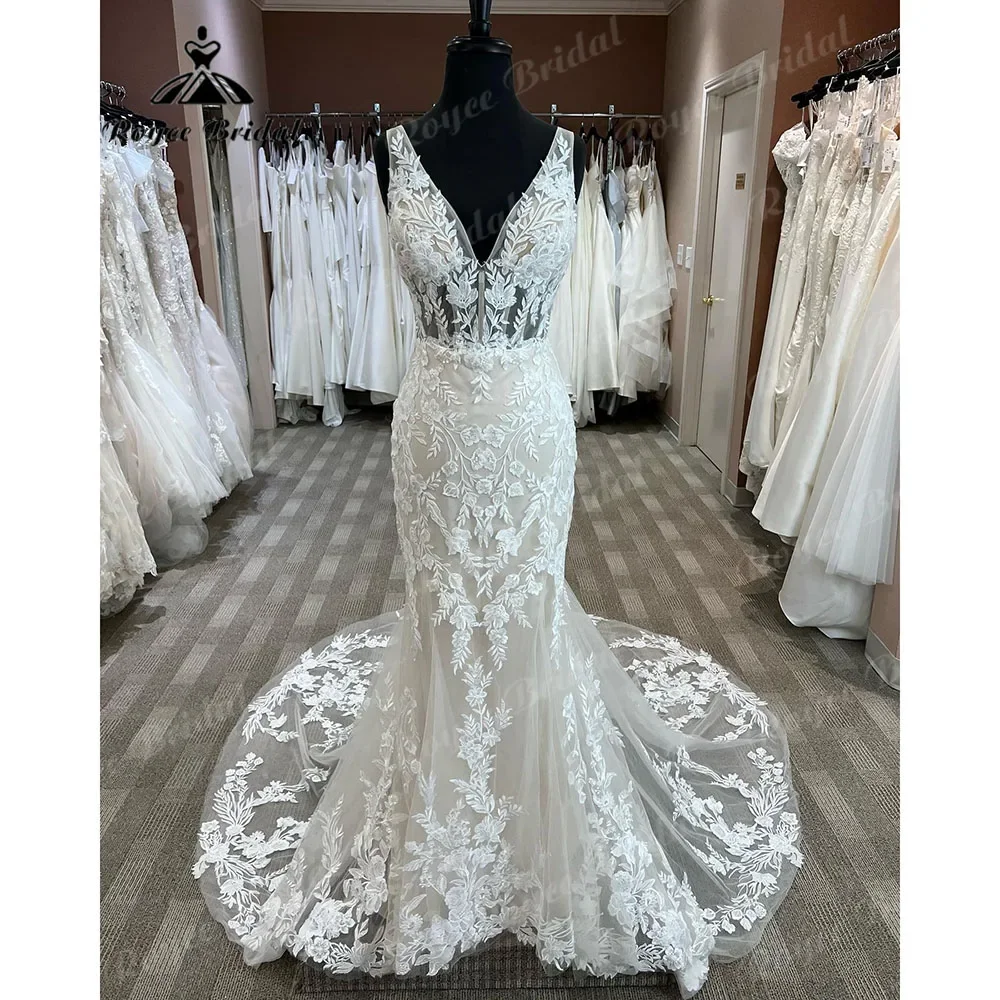 

Luxury Lace Appliques V Neck Backless Mermaid Wedding Dress for Women 2024 Trumpet Bridal Gown vestido de boda corte sirena Sexy