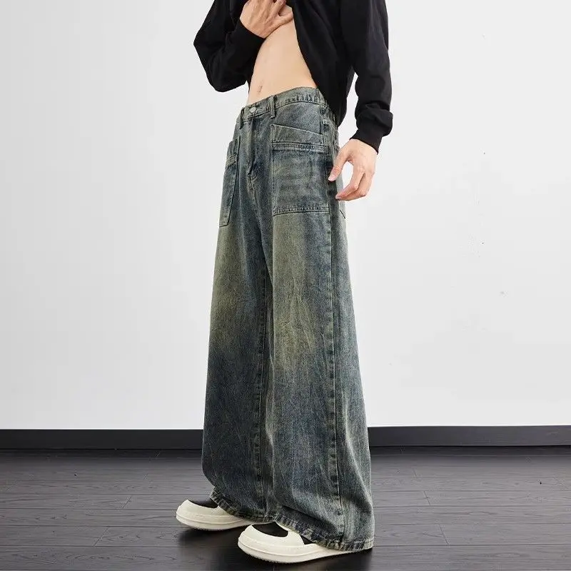 

Spring Summer 2026 Light Pattern Washed Jeans Men's Retro Loose Straight Flare Wide-leg Pants Streetwear High Street Trousers