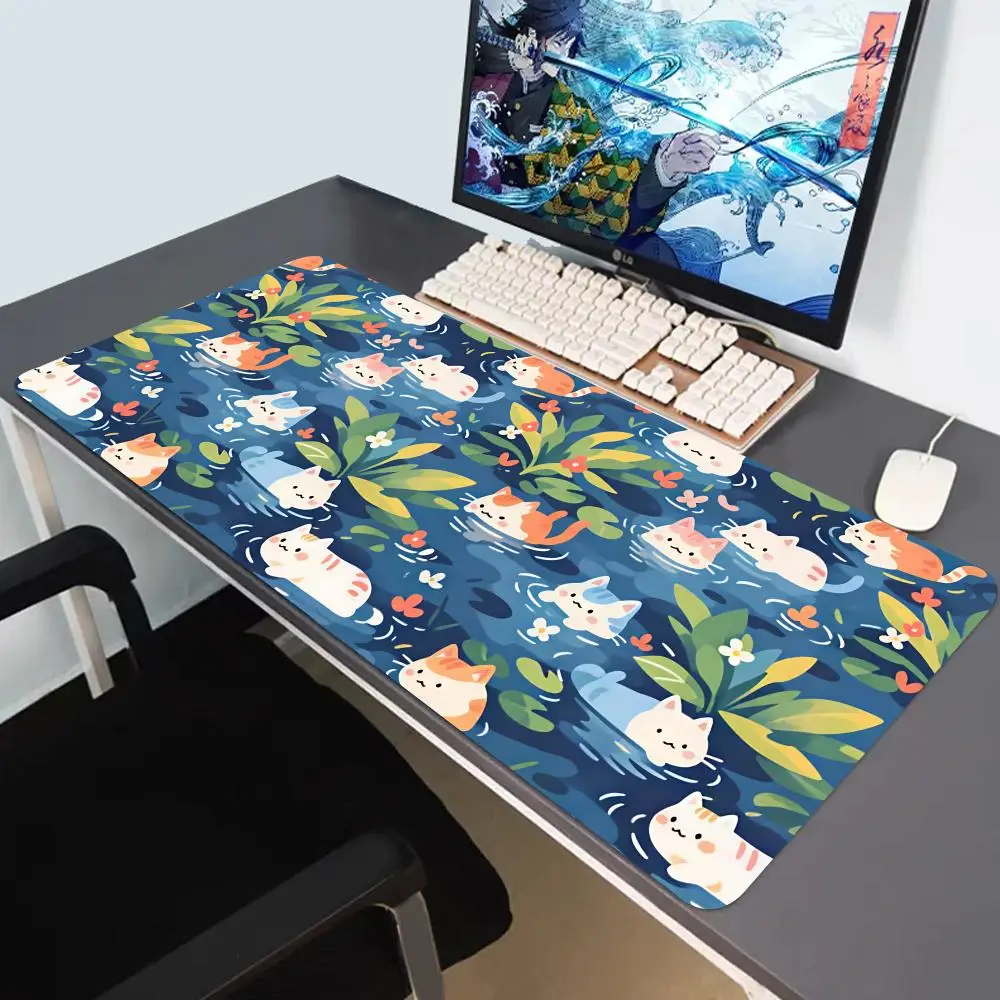 Kawaii Cat Mouse Pad Green Seaweed Large E-Sports Office Desk Mat Keyboard Pad Non-Slip Natural Rubber Mouse Mat 35.4x15.7Inch