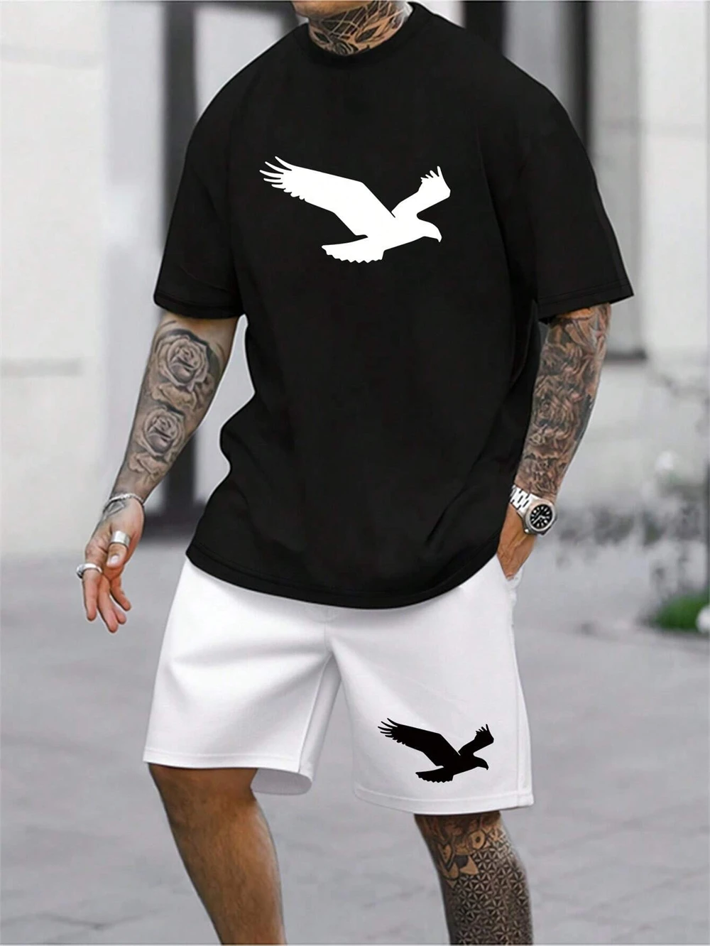 Men's New Summer Two-piece Set Eagle Pattern Simple Print Trend T-shirt Casual Suit Short Sleeve Color Shorts Men Wear Summer