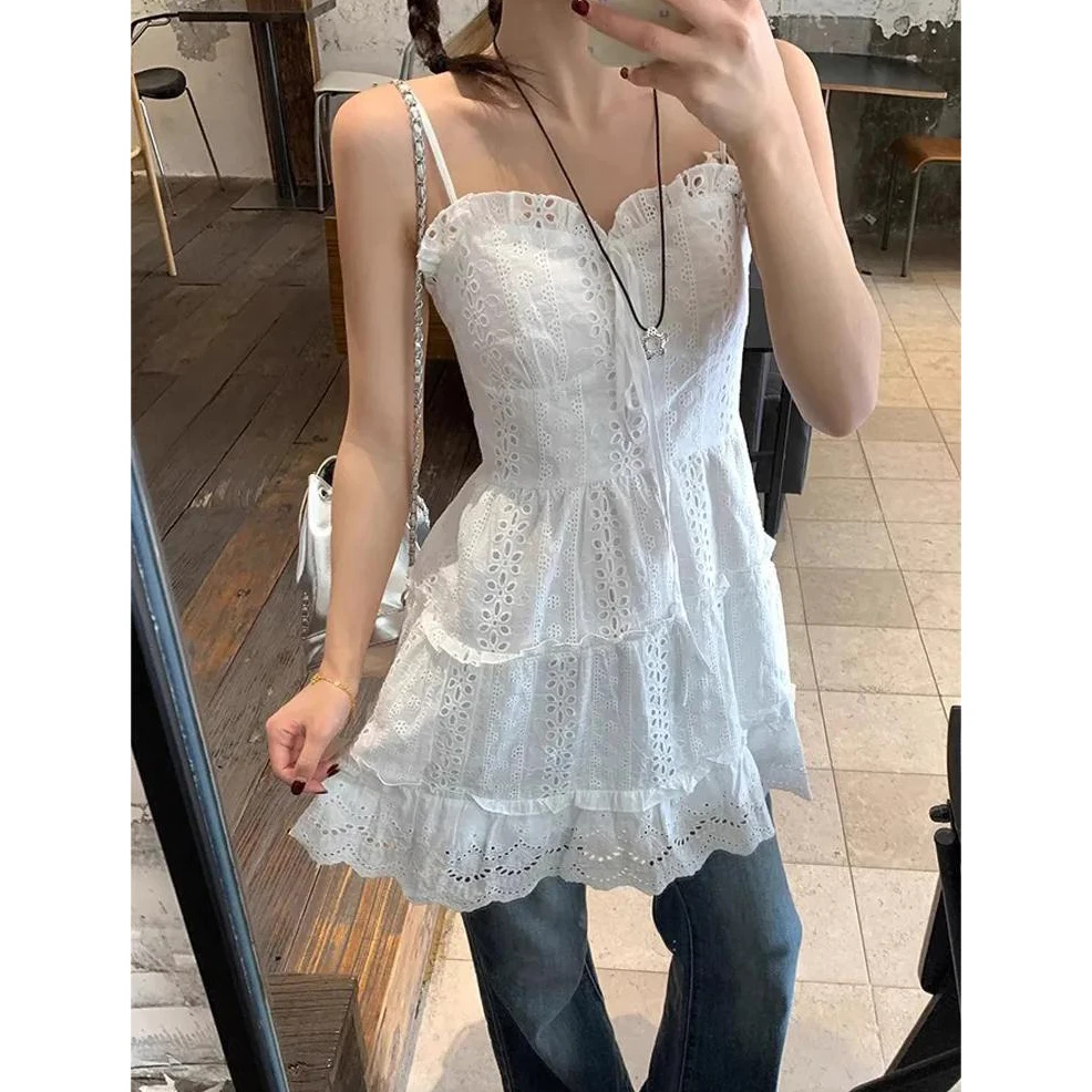 Lolita Women Slip Dress Summer Sleeveless V-neck Lace Up Ruffles White Sundress Female Sweet Slim Beach Dresses vestido E306