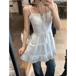 Lolita Women Slip Dress Summer Sleeveless V-neck Lace Up Ruffles White Sundress Female Sweet Slim Beach Dresses vestido E306