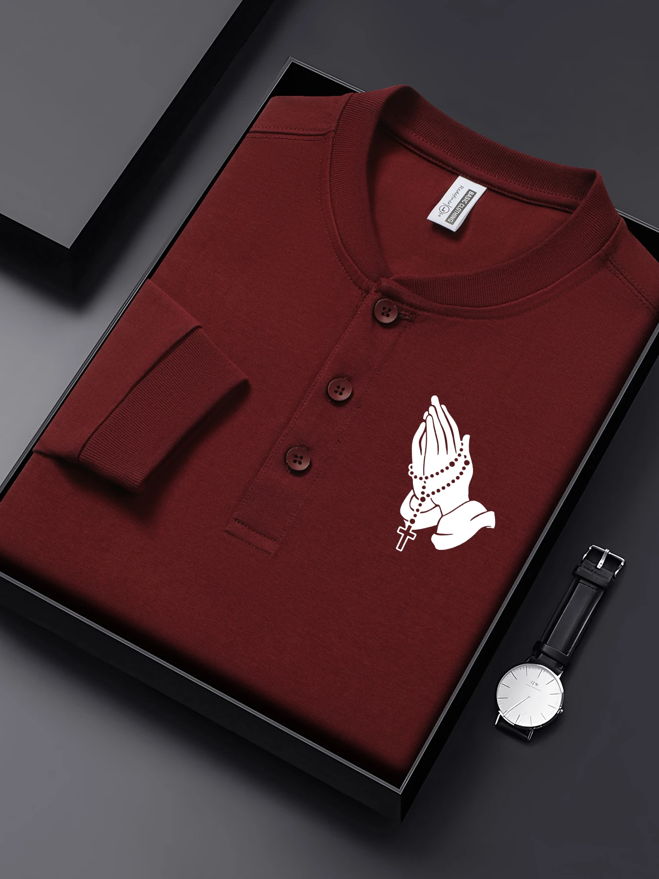 

Praying Hands With Cross Design Henley Shirt Men Soft All-Match T Shirts Cotton Casual Clothing Henry Neck Business Long Sleeve