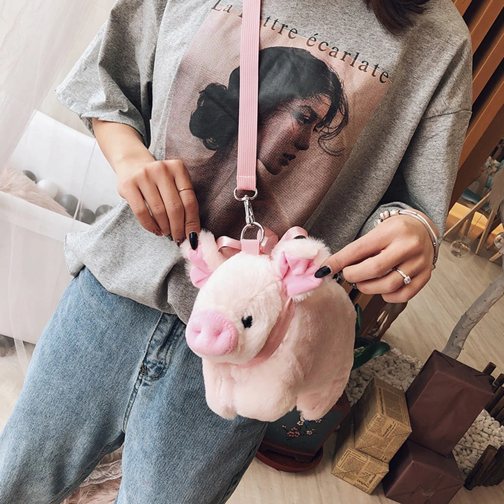 Kawaii Women Handbag Cute Pink Pig Soft Plush Women Phone Purse Animal Lovely Ribbons Zipper Satchel Pouch for