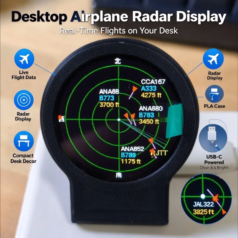 USB-C Deskradar, Live ADS-B Flight Tracker Gadget with Sonar Grid Screen With 3D Printed Case Aviation Desk Decor