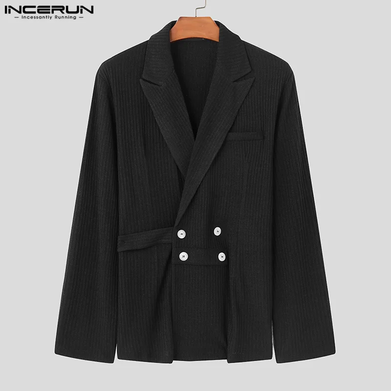 INCERUN Men Blazer Solid Color Lapel Long Sleeve Double Breasted Casual Suits Men Streetwear 2024 Fashion Male Thin Coats S-5XL