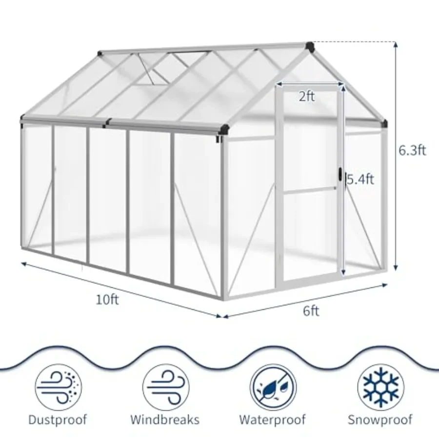 6×10 FT Greenhouse, Large Walk in Greenhouses for Outdoors and Garden Planting, Polycarbonate Greenhouse with Enhanced Aluminum