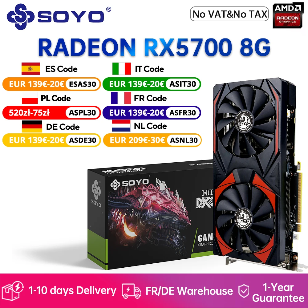 Carte graphique SOYO Radeon RX5700 8G, mémoire GDDR6, compatible HDMI DP PCIE 16x4.0, carte vidéo de jeu AMD pour ordinateurs de bureau