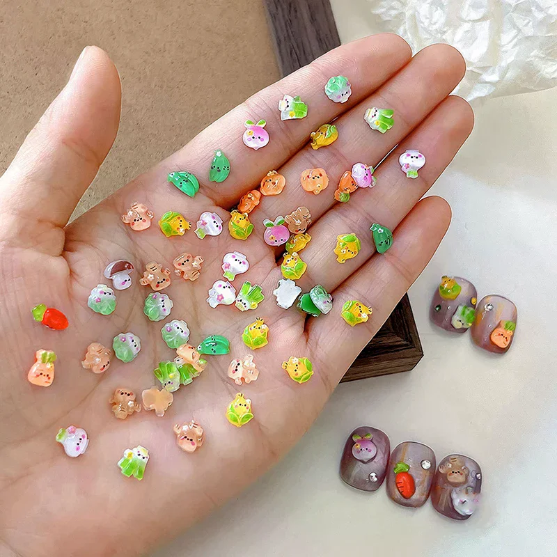 20 pezzi di accessori per nail art vegetali trasparenti ghiacciati, mini ciondoli per unghie carini, cavolo, mais, resina, strass per unghie, decorazioni per cartoni animati