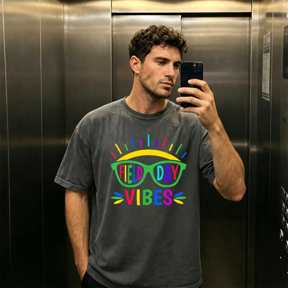 Field Day Vibes Colorful Sunglasses Graphic Men T Shirt Summer Cotton Short Sleeve Student Teacher School Outdoor Activity Tops