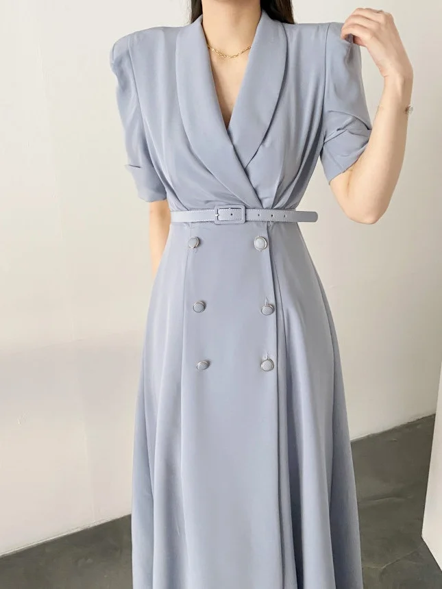 Vestido longo estilo terno de verão chique com botões duplos na cintura, cinto incluído, e e chique para trabalho, peç...