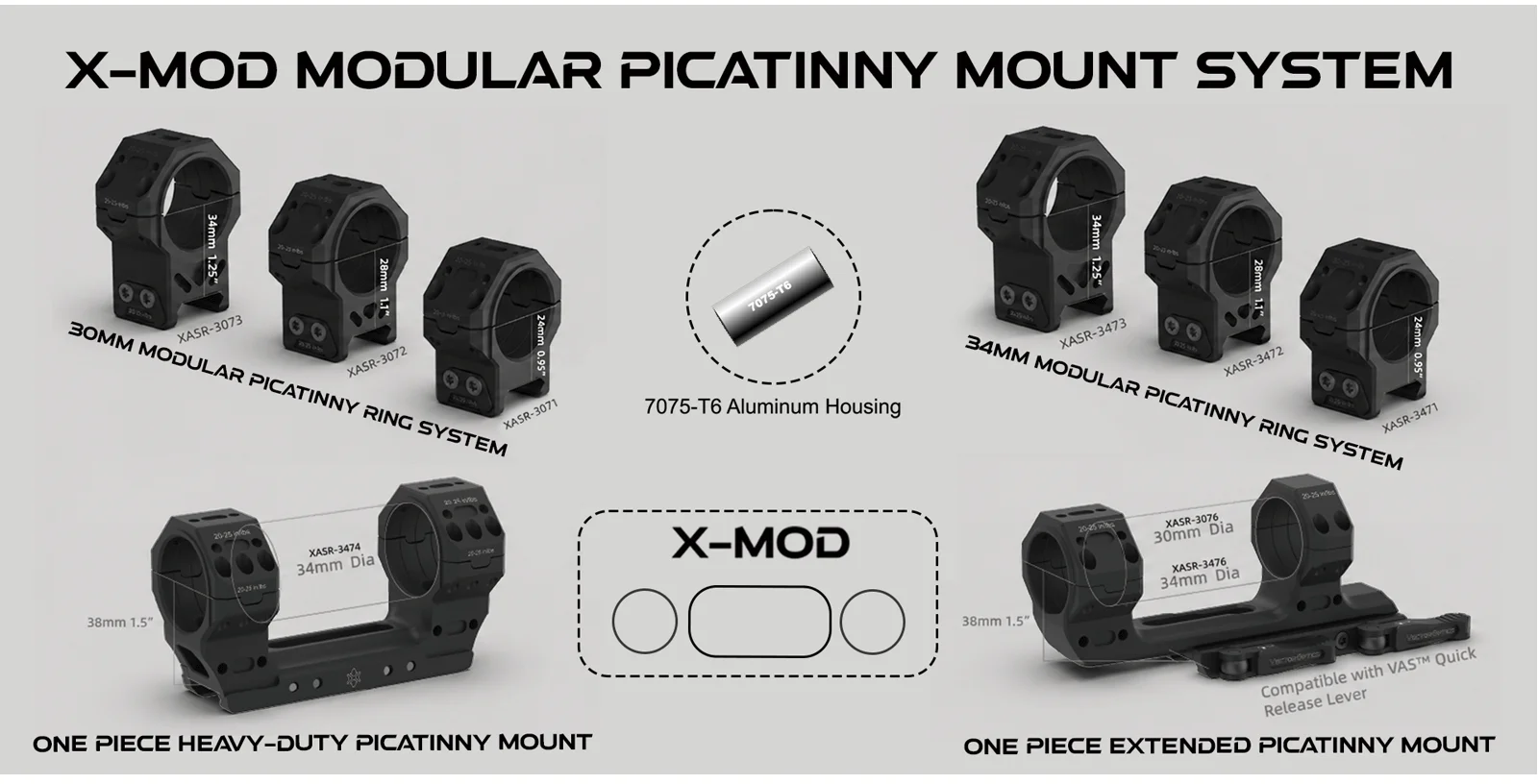 Vector 30mm Zielfernrohrringe Picatinny-Halterung X-Mod Modular 7075-T6 Aluminium 0,95" 1,1" 1,25" Hohe Zielfernrohrringe – Detail 1