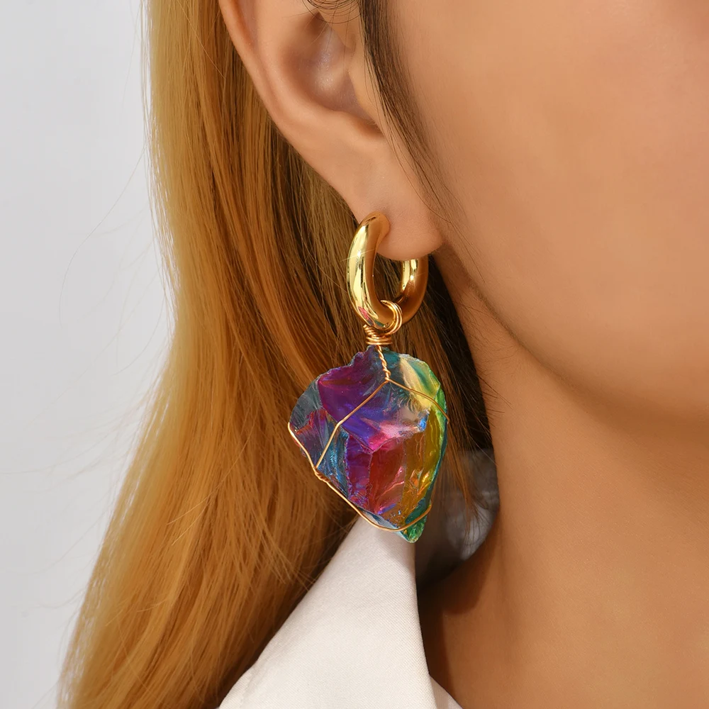 New Big Irregular Rainbow Natural Stone Drop Earrings for Women Gold Color Stainless Steel Huggie Earrings Jewelry